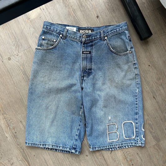 VINTAGE | BOSS Embroidered Thrashed Baggy Jean Shorts sz W33