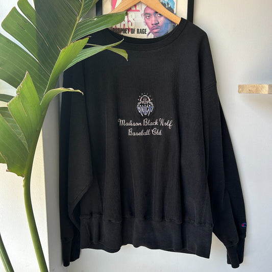 VINTAGE 90s | Madison Black Wolf Champion Reverse Weave Sweater sz XXL Adult