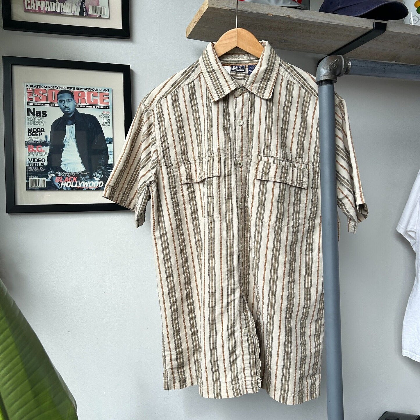 VINTAGE | B.U.M Earth-tone Striped Short Sleeve Button Down Shirt sz M