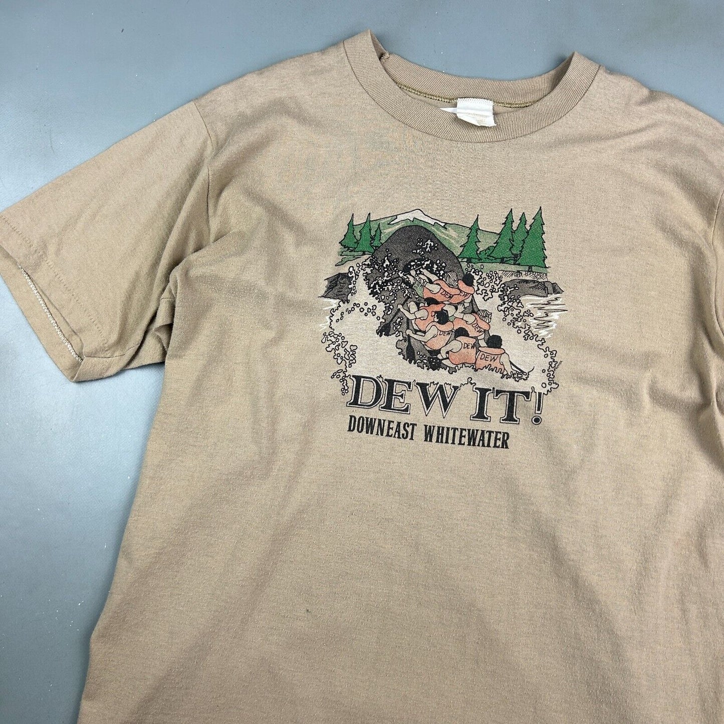 VINTAGE 80s | DEW IT! Downeast Whitewater Illustration Brown T-Shirt sz L Adult