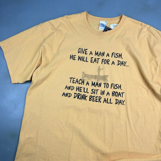 VINTAGE | Teach A Man To Fish Yellow Quote T-Shirt sz XXL Men Adult