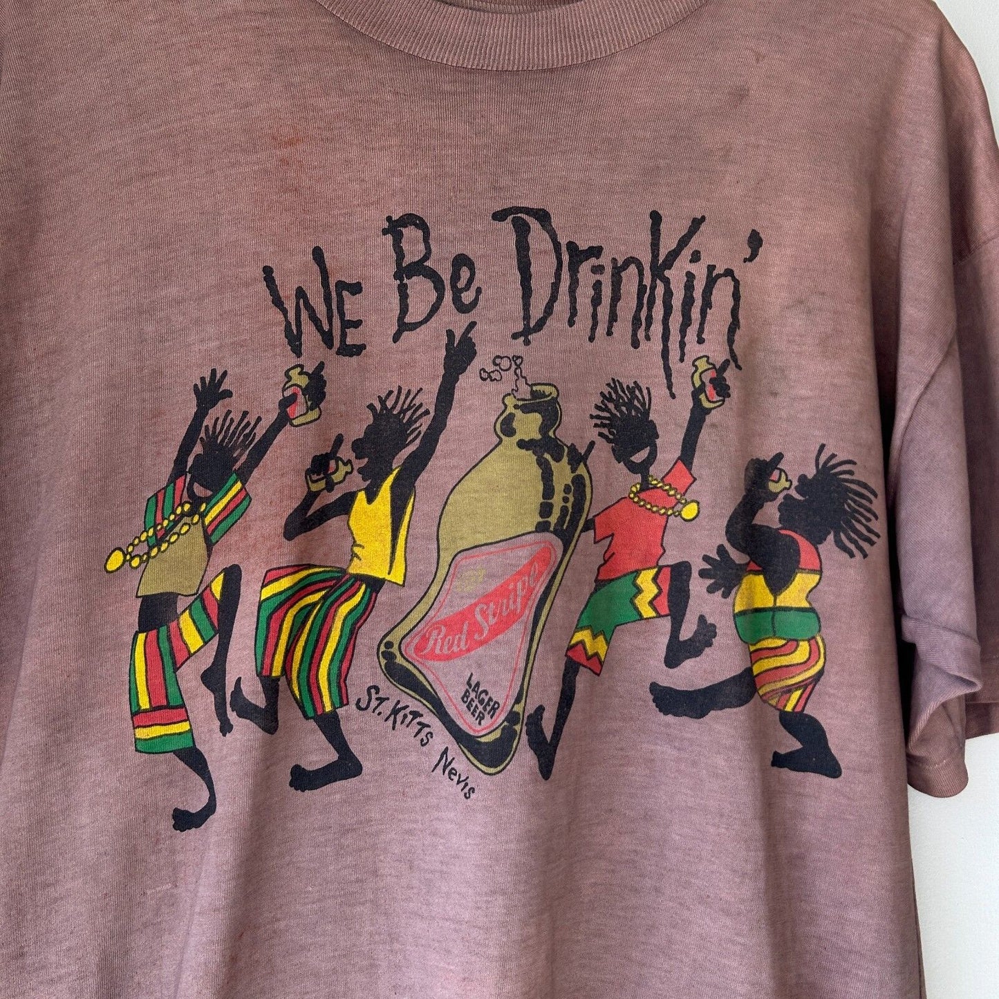 VINTAGE 90s | We Be Drinkin Red Stripe Over Dyed Brown T-Shirt sz M-L