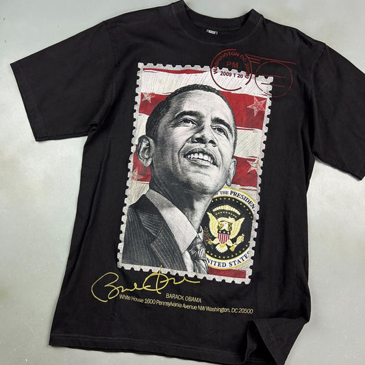 VINTAGE | Barack Obama Postage Stamp Black T-Shirt sz L Adult