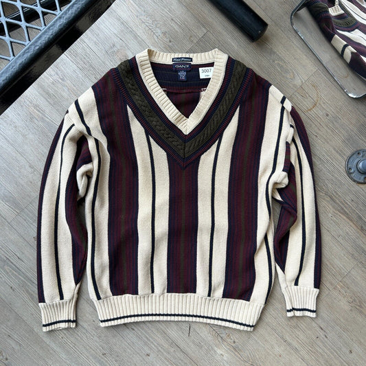 VINTAGE | Gant Vertical Striped Cricket Knit V Neck Sweater sz L