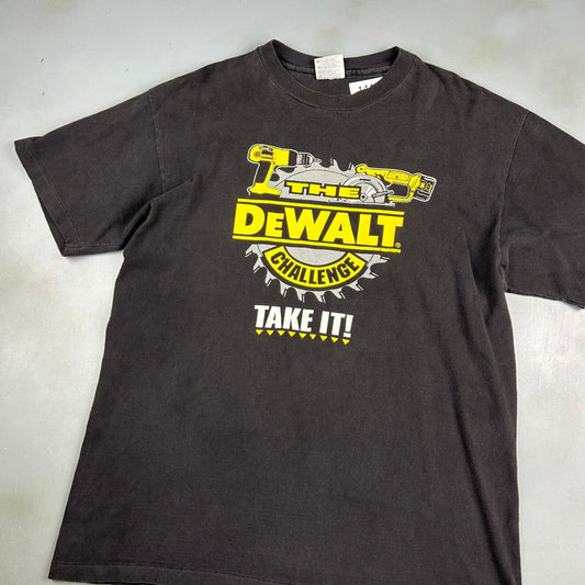 VINTAGE 90s DeWALT Challenge Cordless Not Gutless Black T-Shirt sz Large Adult