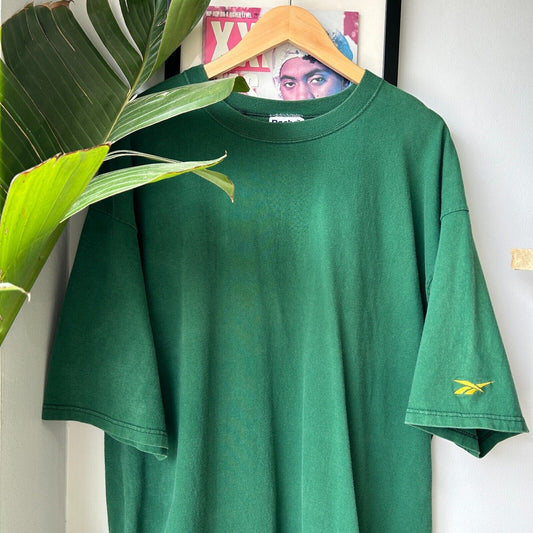 VINTAGE 90s | Reebok Logo Blank Faded Green T-Shirt sz XXL