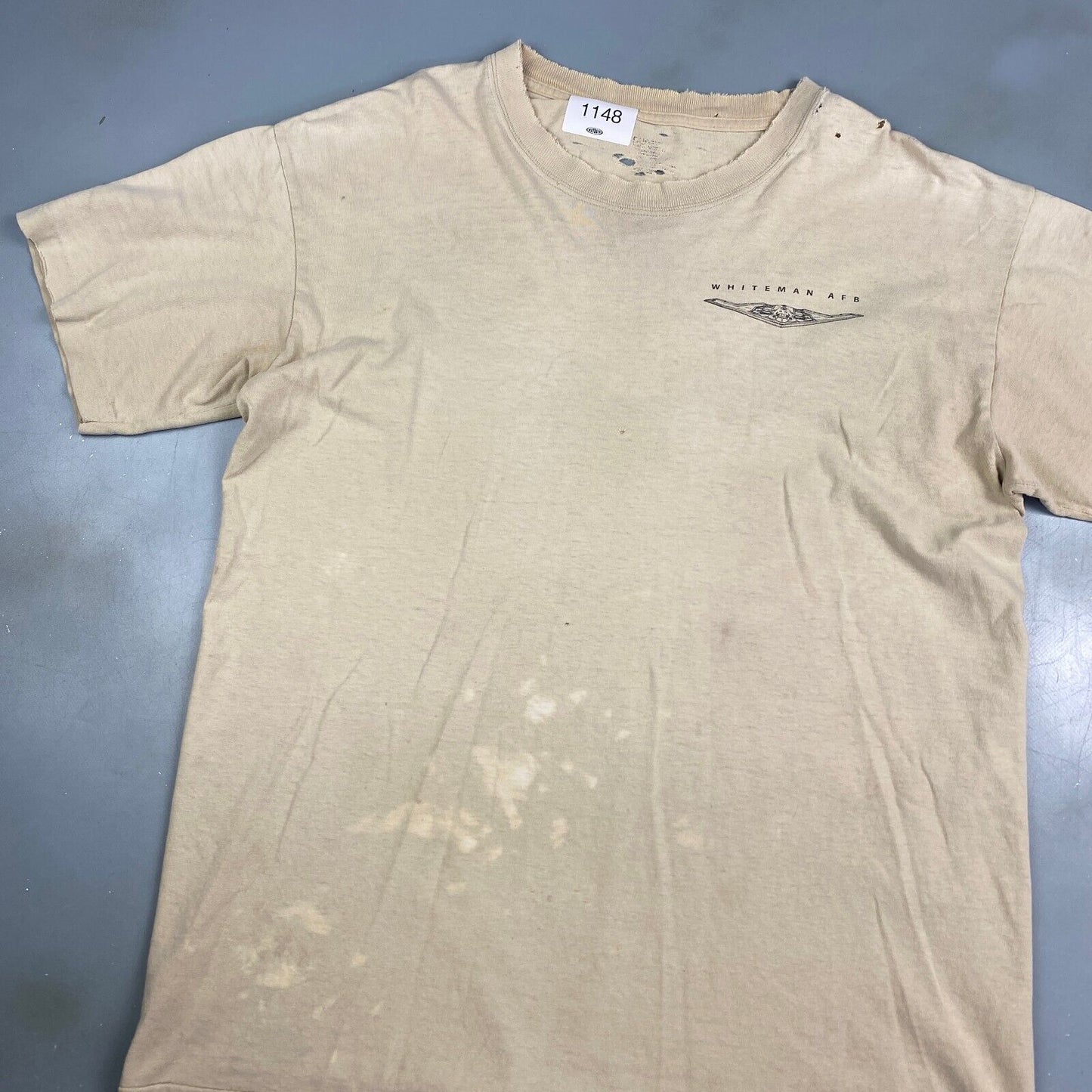 VINTAGE Whiteman AFB Jet Faded Tan Distressed T-Shirt sz Large Adult