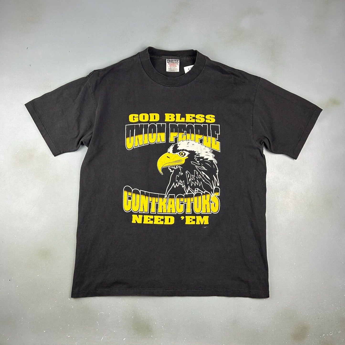 VINTAGE 90s | God Bless UNION People Contractors Need Em T-Shirt sz L Adult
