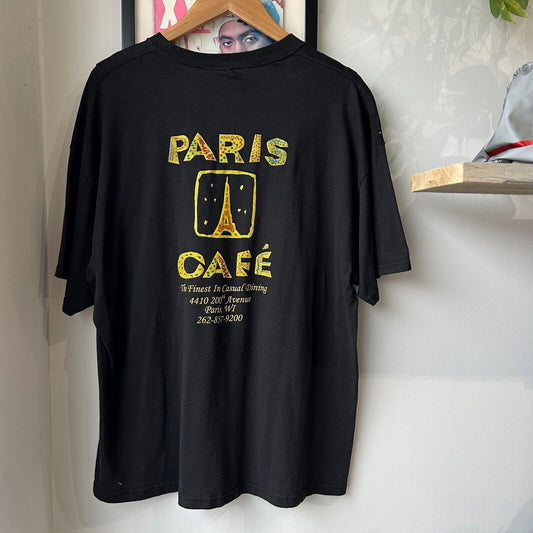 VINTAGE 90s | Paris Cafe Faded Black T-Shirt sz L