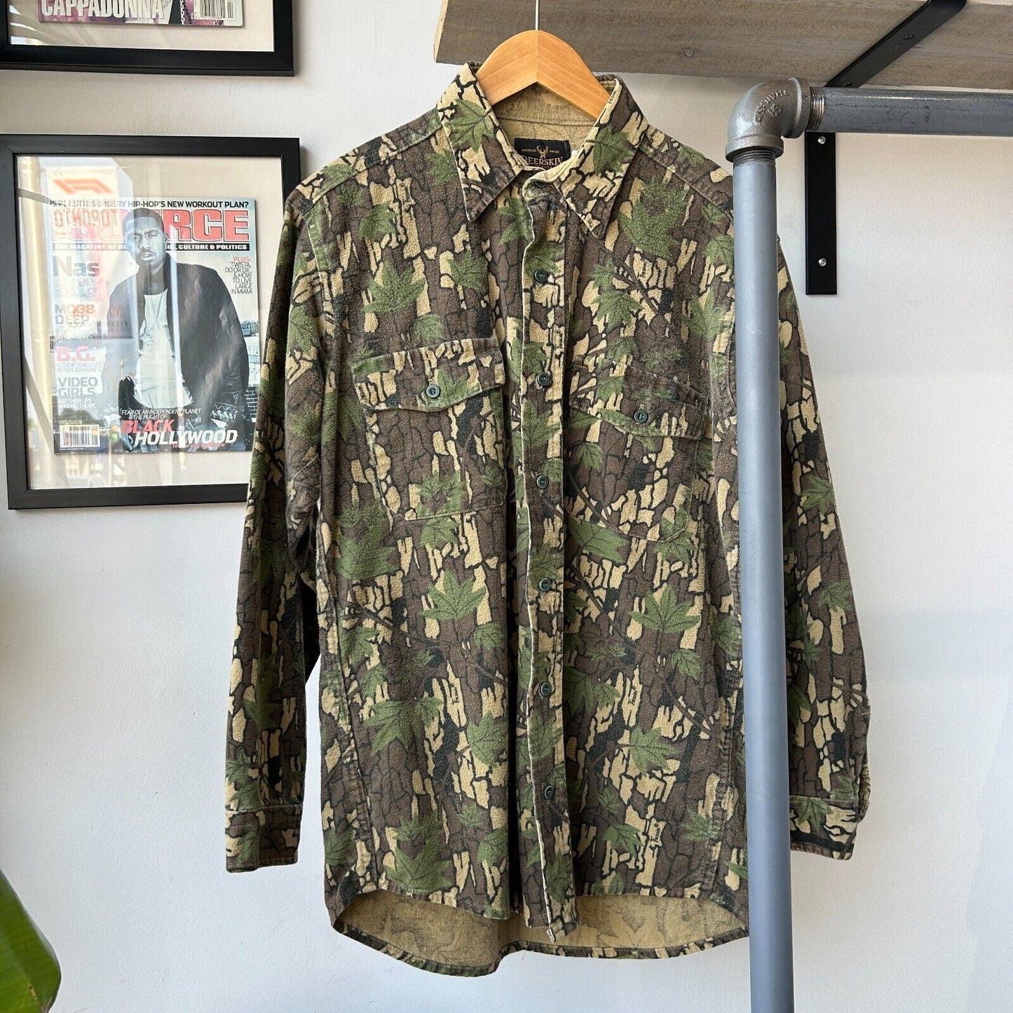 VINTAGE 90s | Deerskin Tree Bark Camo Button Down Chamois Cloth Shirt sz M