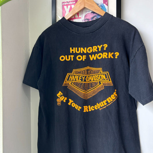 VINTAGE 90s | Hungry Out Of Work? Harley Davidson Biker Logo T-Shirt sz L Adult