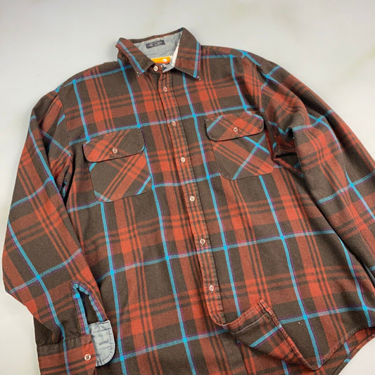 VINTAGE 80s Ozark Trail Brown Plaid Flannel Button Up Shirt sz Large Adult