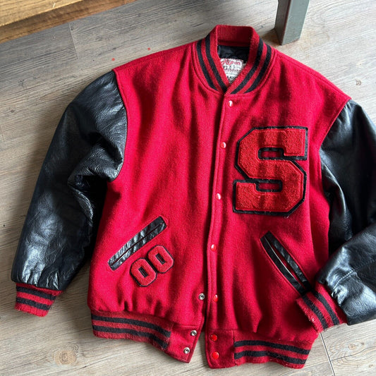 VINTAGE | Ripon Red / Black Leather Varsity Football Jacket sz L 46 Adult