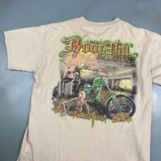 VINTAGE Boot Hill Saloon Biketoberfest Faded Tan Biker T-Shirt sz M-L Adult