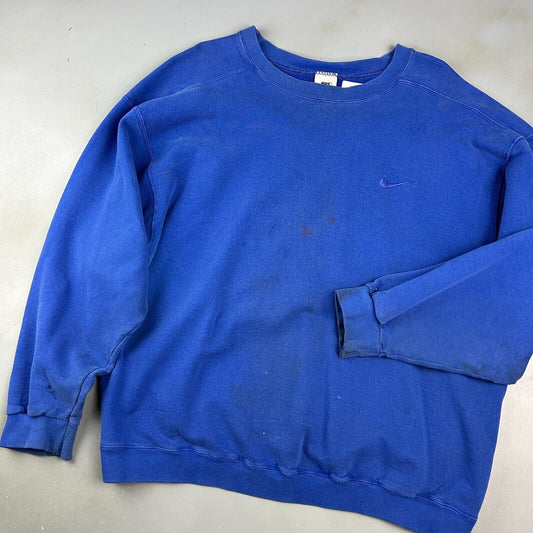 VINTAGE 90s | NIKE Sm Embroidered Swoosh Blue Crewneck Sweater sz L Adult