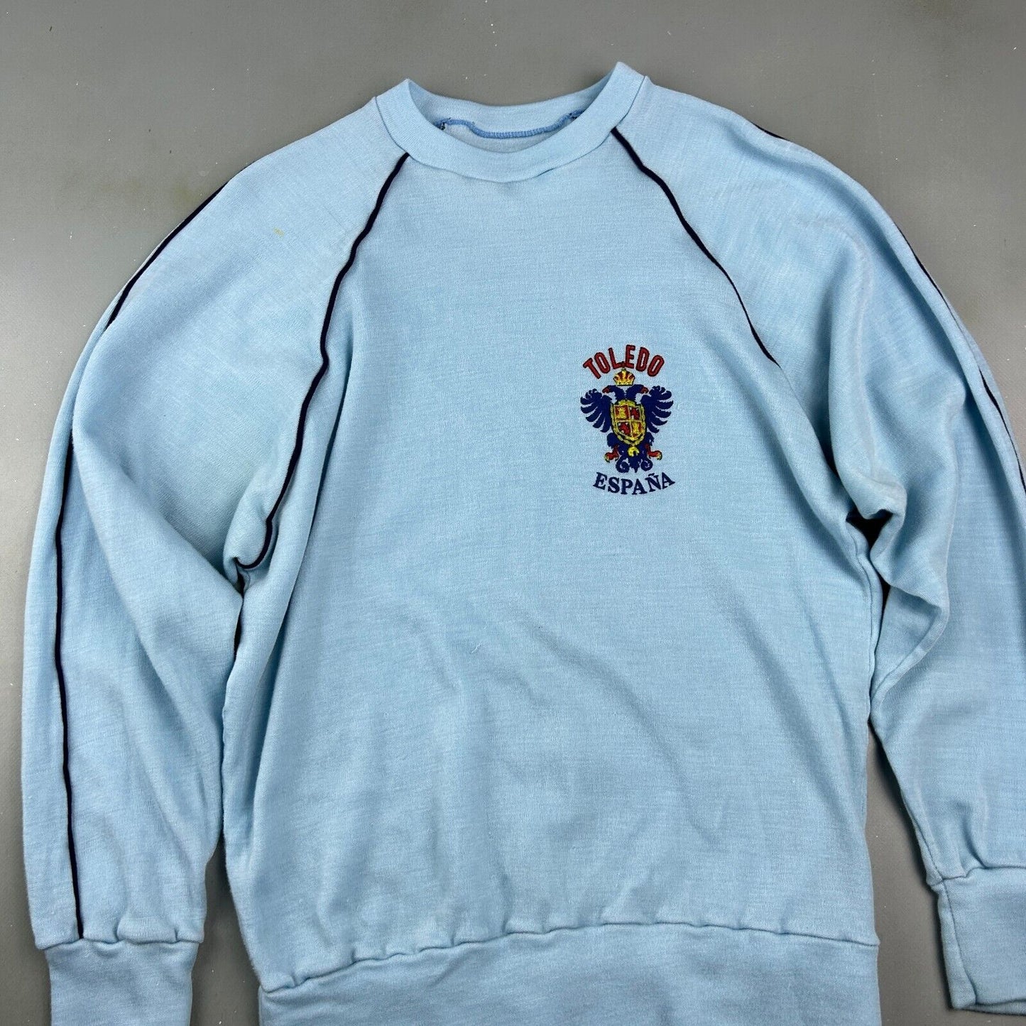 VINTAGE 70s | Toledo Espana Baby Blue Raglan Cut Crewneck Sweater sz S Adult