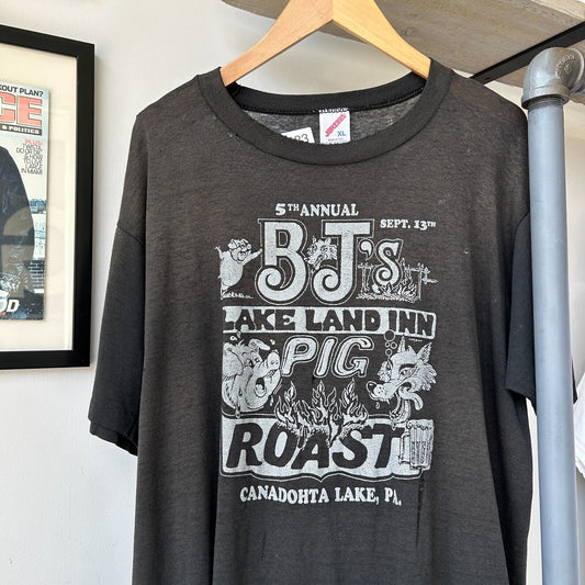 VINTAGE 90s | BJs Pig Roast Faded Paper Thin T-Shirt sz XL