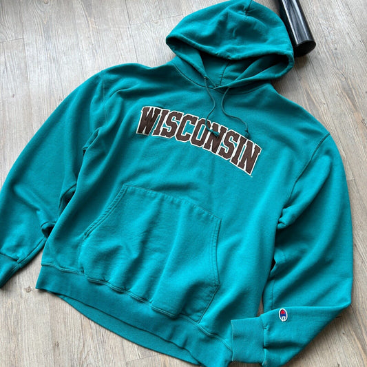 VINTAGE | WISCONSIN Teal Champion Hoodie Sweater sz L Adult