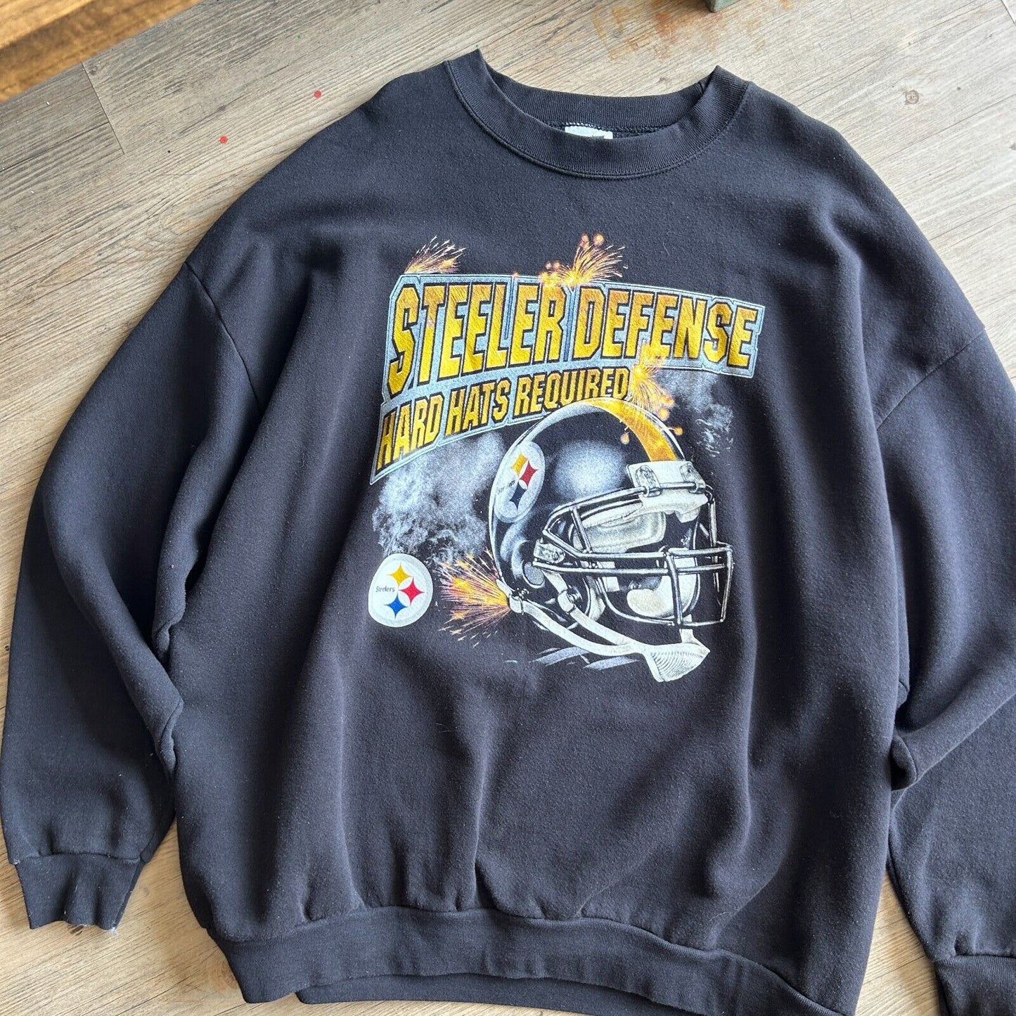 VINTAGE 90s | Pittsburgh Steelers Defense Hard Hats Required Crew Sweater sz XXL