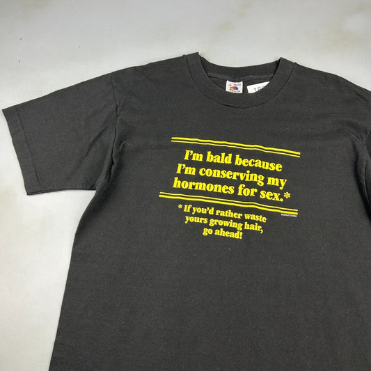 VINTAGE 90s | Why I am Bald Black Quote T-Shirt sz M-L Adult