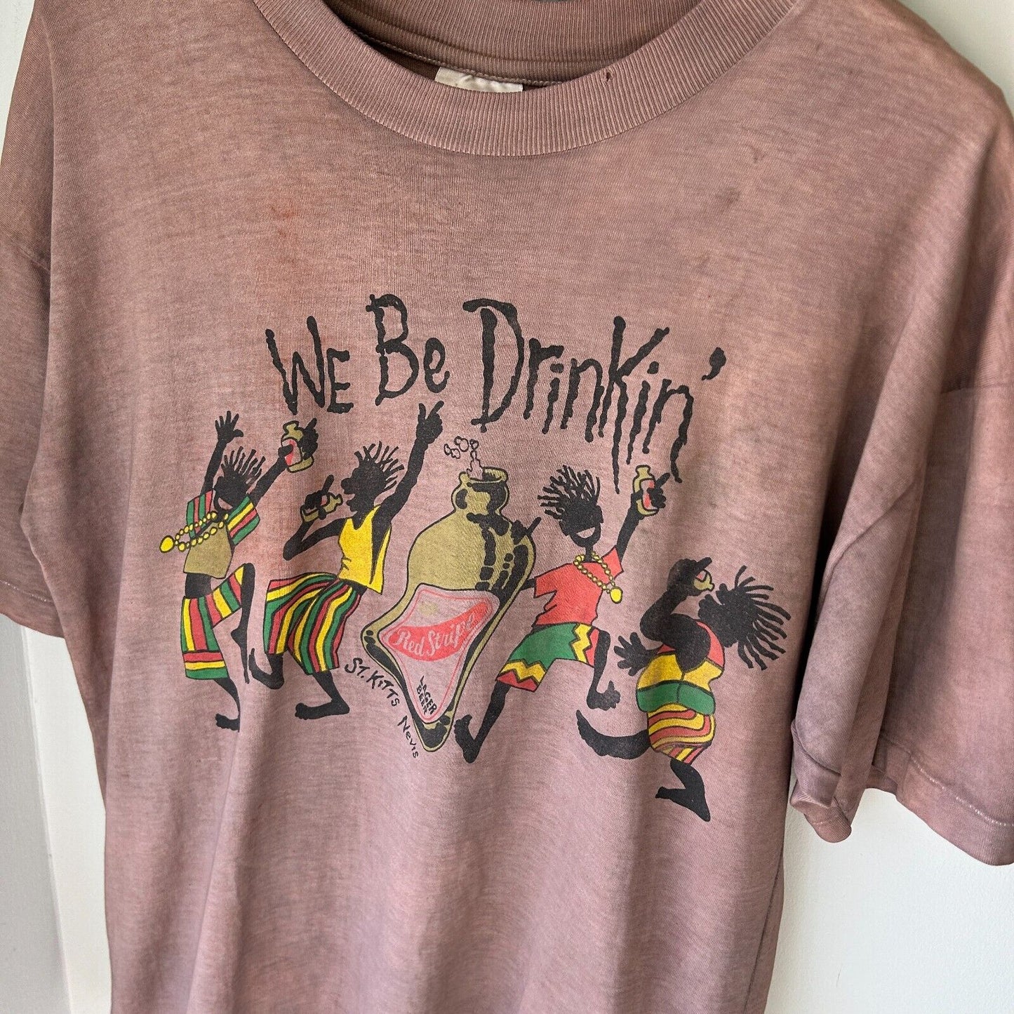 VINTAGE 90s | We Be Drinkin Red Stripe Over Dyed Brown T-Shirt sz M-L