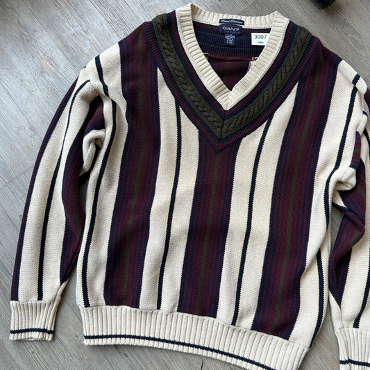 VINTAGE | Gant Vertical Striped Cricket Knit V Neck Sweater sz L