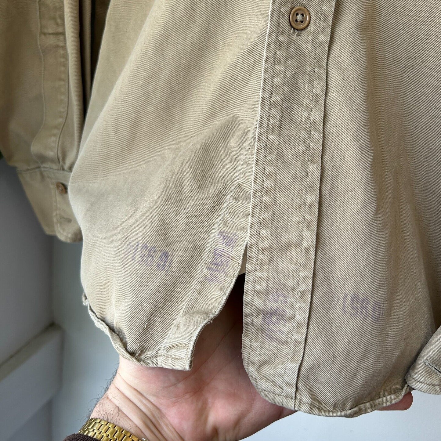 VINTAGE 70s 80s | Military Fatigue Tan Button Down Shirt sz L Adult